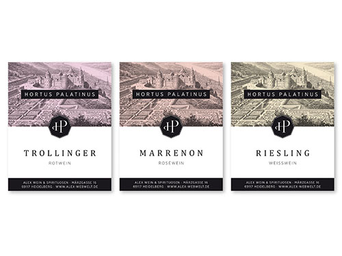 Signet- und Etikettengestaltung für die Eigenmarke „Hortus Palatinus“ des Heidelberger Unternehmens „Alex Wein und Spirituosen“